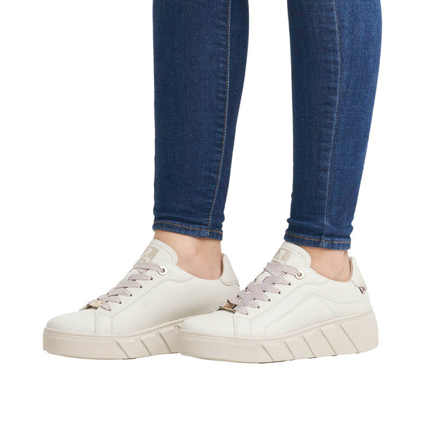 Rieker W0503-80 Ladies Off White Leather Lace Up Trainers-elevate your sole