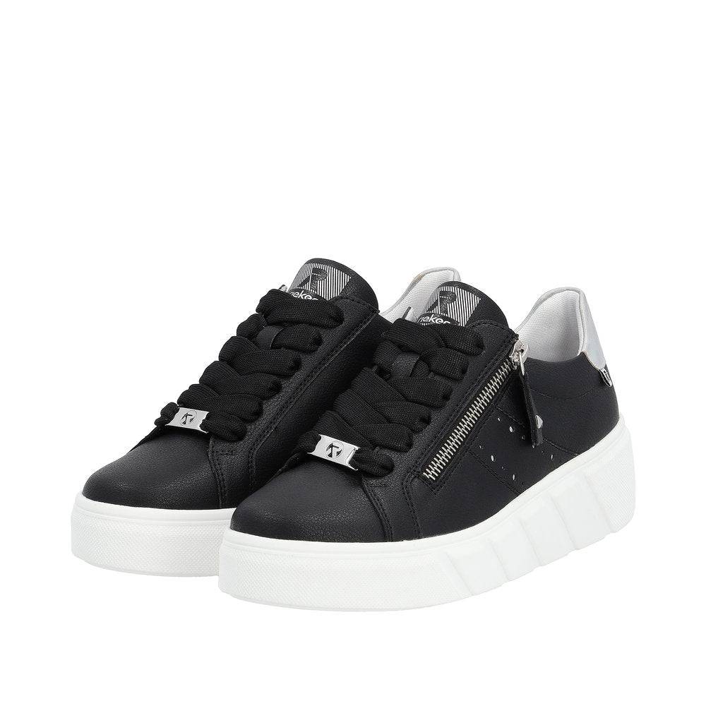 Rieker W0505-00 Carla Ladies Black Leather Zip & Lace Trainers-elevate your sole