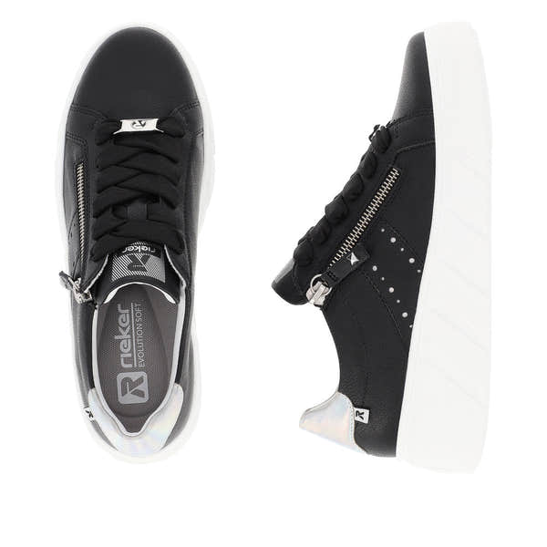 Rieker W0505-00 Carla Ladies Black Leather Zip & Lace Trainers-elevate your sole