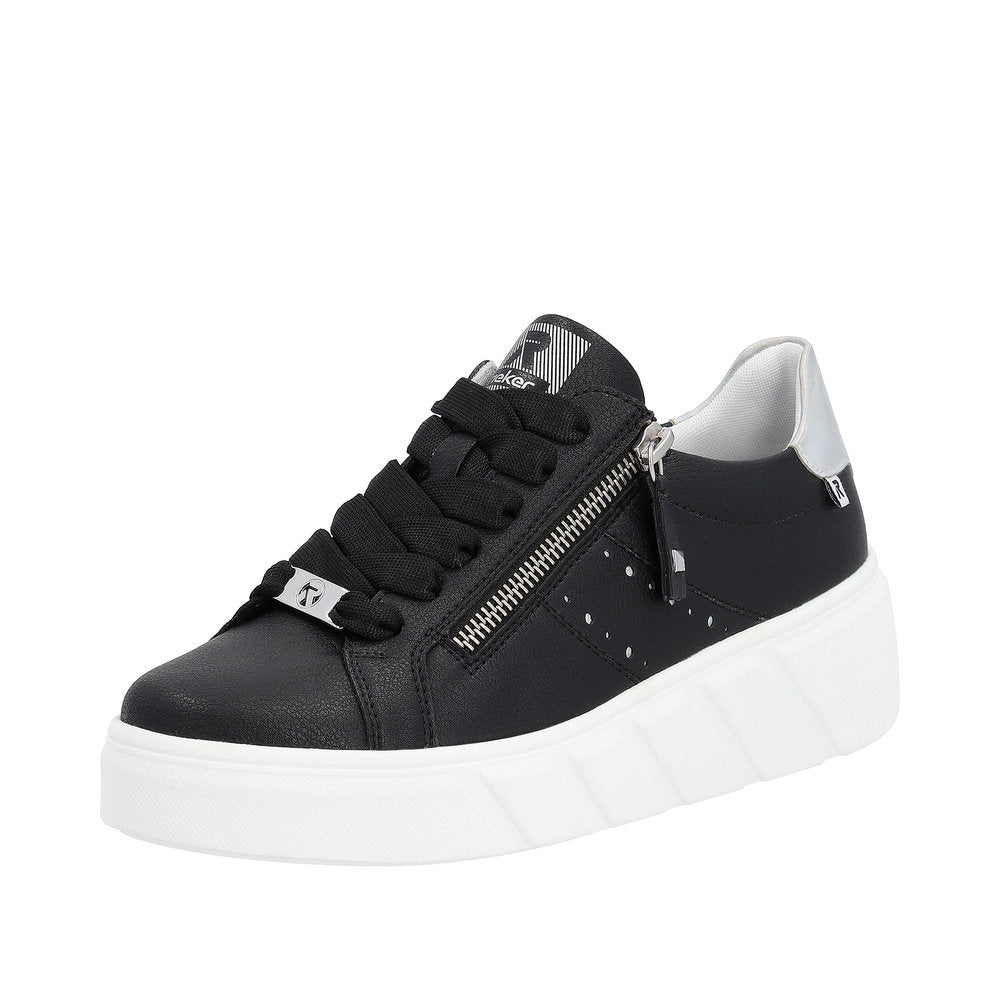 Rieker W0505-00 Carla Ladies Black Leather Zip & Lace Trainers-elevate your sole