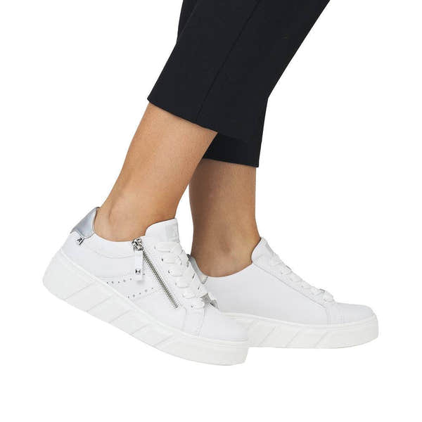 Rieker W0505-80 Carla Ladies White Leather Zip & Lace Trainers-elevate your sole