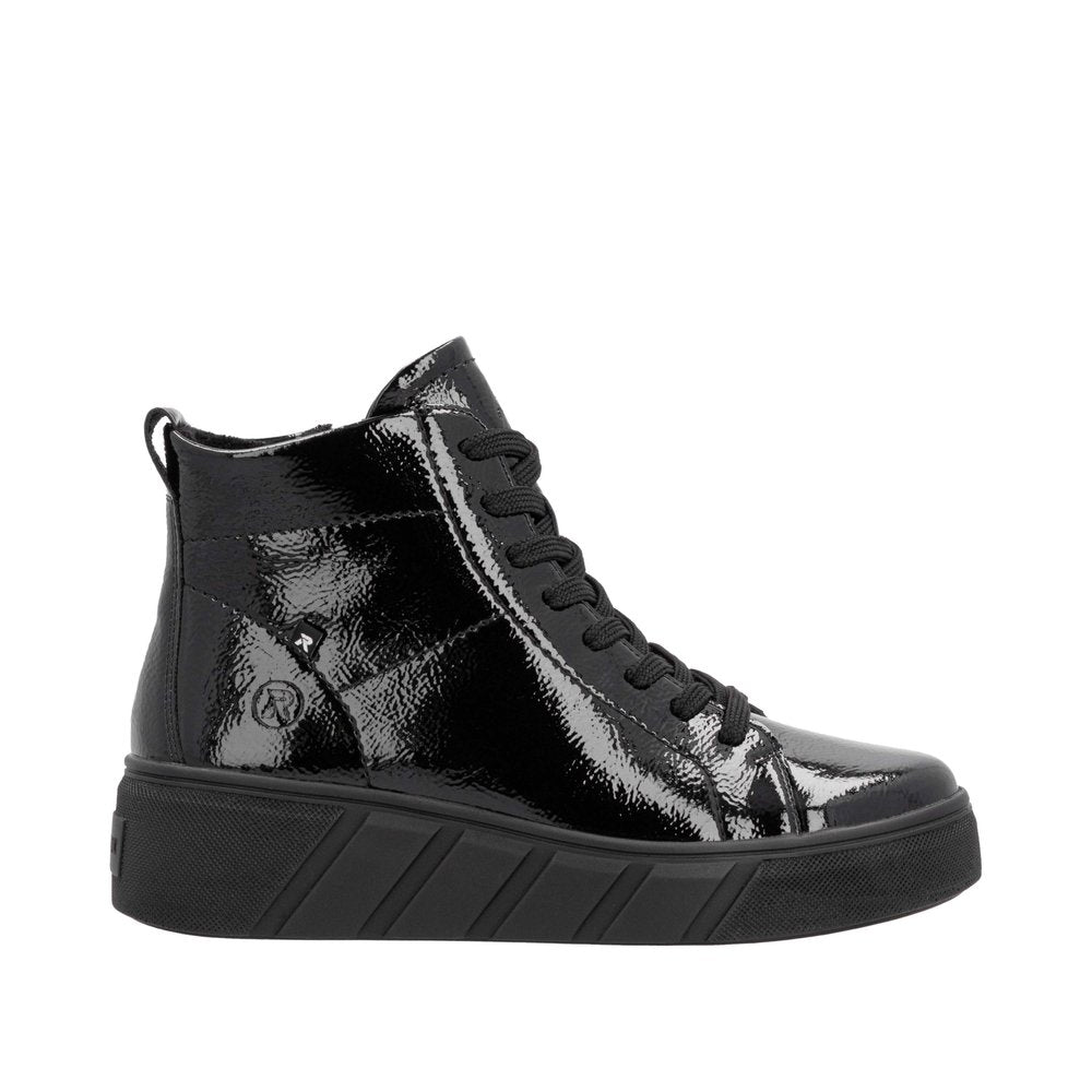 Rieker W0561-01 Ladies Black Patent Leather Side Zip Ankle Boots-elevate your sole