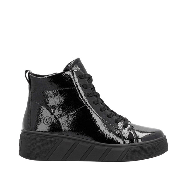 Rieker W0561-01 Ladies Black Patent Leather Side Zip Ankle Boots-elevate your sole