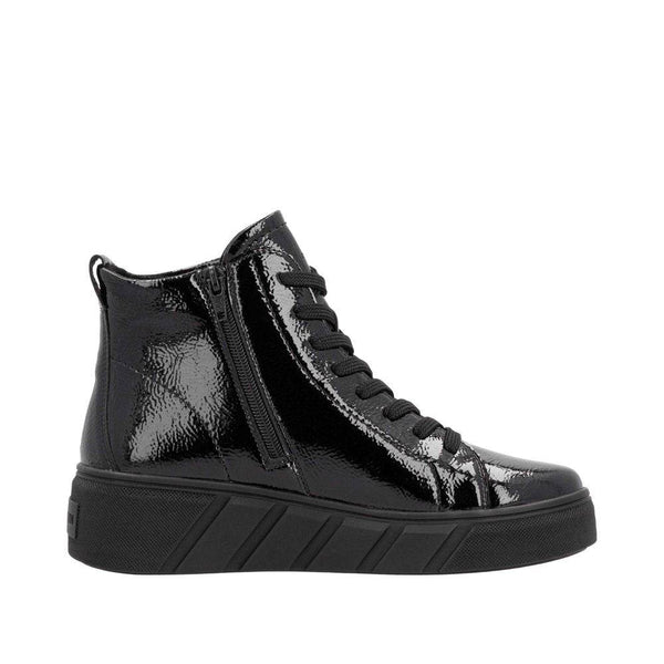 Rieker W0561-01 Ladies Black Patent Leather Side Zip Ankle Boots-elevate your sole