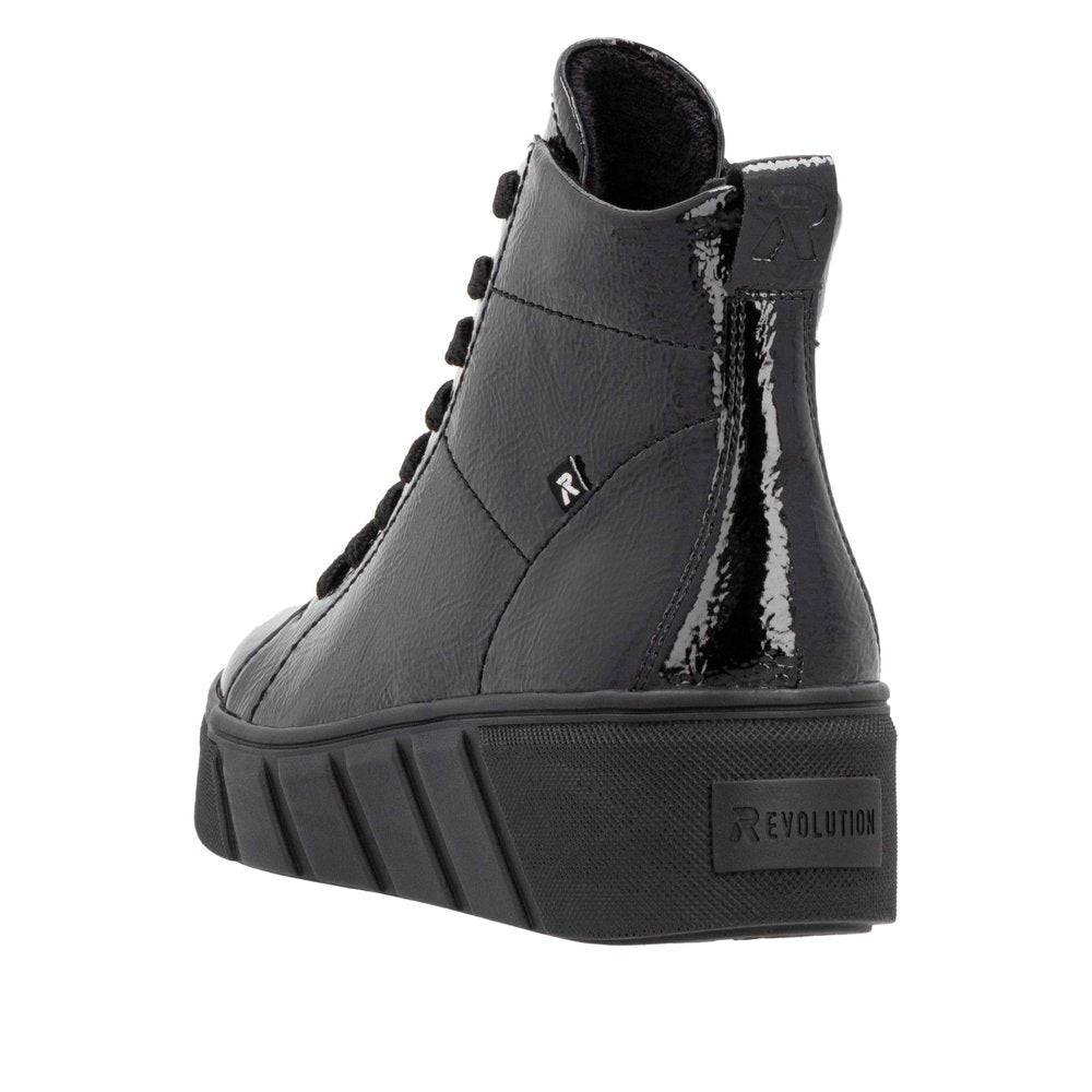 Rieker W0561-01 Ladies Black Patent Leather Side Zip Ankle Boots-elevate your sole
