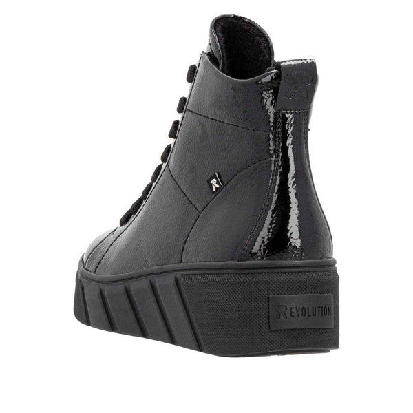 Rieker W0561-01 Ladies Black Patent Leather Side Zip Ankle Boots-elevate your sole