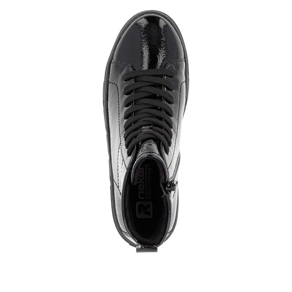 Rieker W0561-01 Ladies Black Patent Leather Side Zip Ankle Boots-elevate your sole