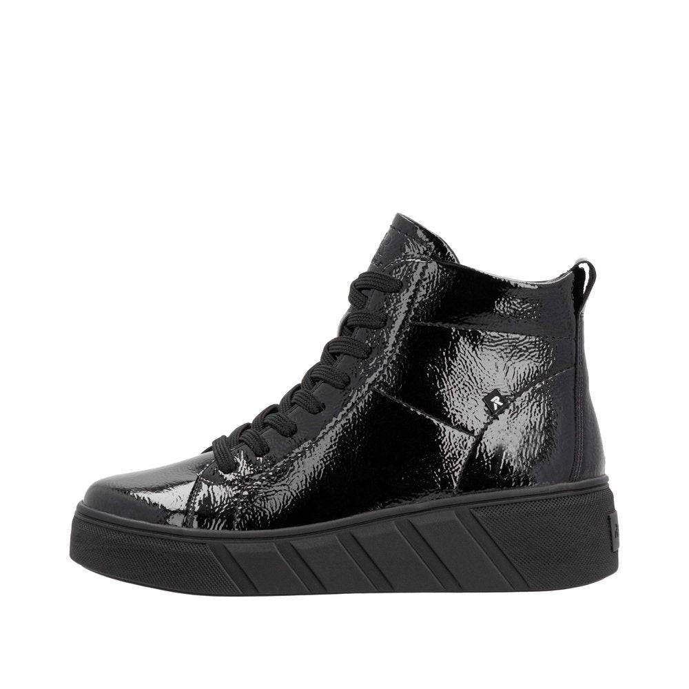 Rieker W0561-01 Ladies Black Patent Leather Side Zip Ankle Boots-elevate your sole