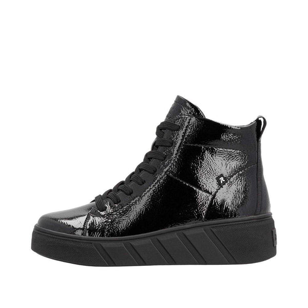 Rieker W0561-01 Ladies Black Patent Leather Side Zip Ankle Boots-elevate your sole