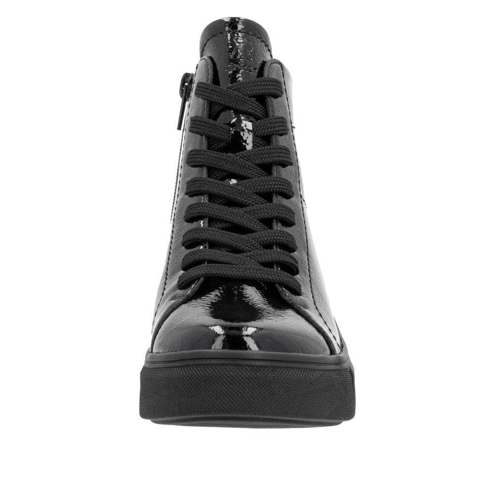 Rieker W0561-01 Ladies Black Patent Leather Side Zip Ankle Boots-elevate your sole