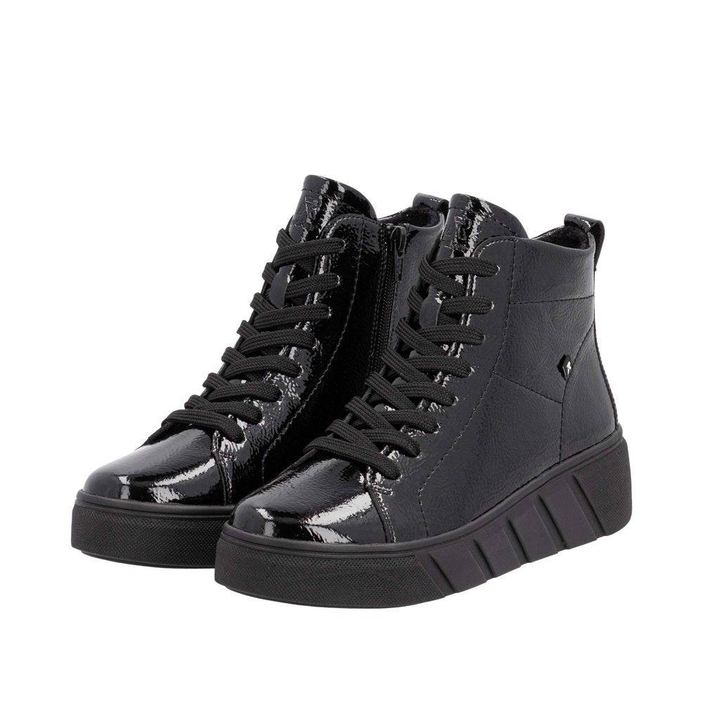 Rieker W0561-01 Ladies Black Patent Leather Side Zip Ankle Boots-elevate your sole