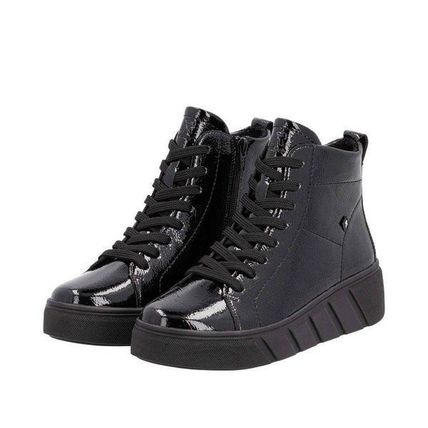 Rieker W0561-01 Ladies Black Patent Leather Side Zip Ankle Boots-elevate your sole