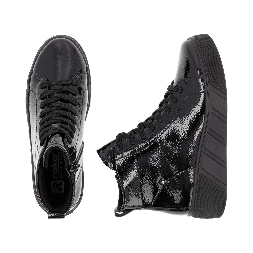 Rieker W0561-01 Ladies Black Patent Leather Side Zip Ankle Boots-elevate your sole
