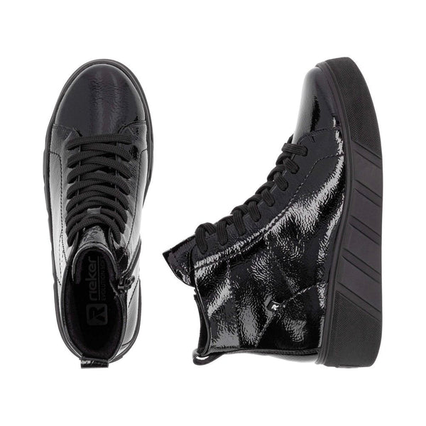 Rieker W0561-01 Ladies Black Patent Leather Side Zip Ankle Boots-elevate your sole