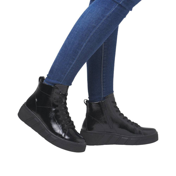 Rieker W0561-01 Ladies Black Patent Leather Side Zip Ankle Boots-elevate your sole