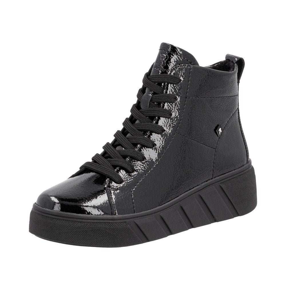 Rieker W0561-01 Ladies Black Patent Leather Side Zip Ankle Boots-elevate your sole