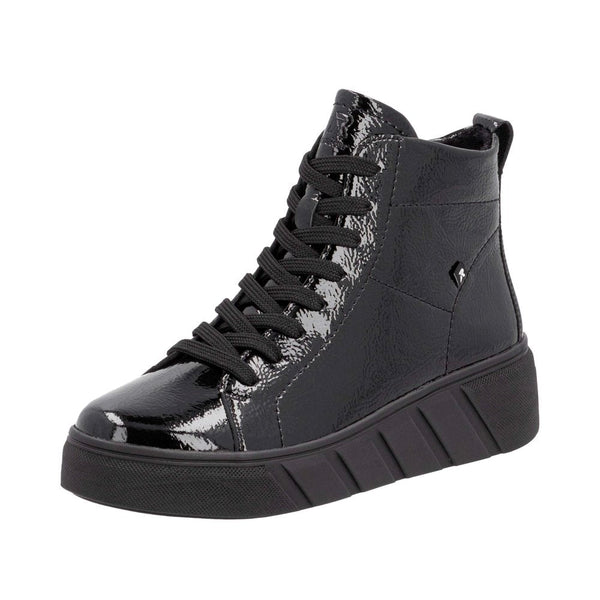 Rieker W0561-01 Ladies Black Patent Leather Side Zip Ankle Boots-elevate your sole