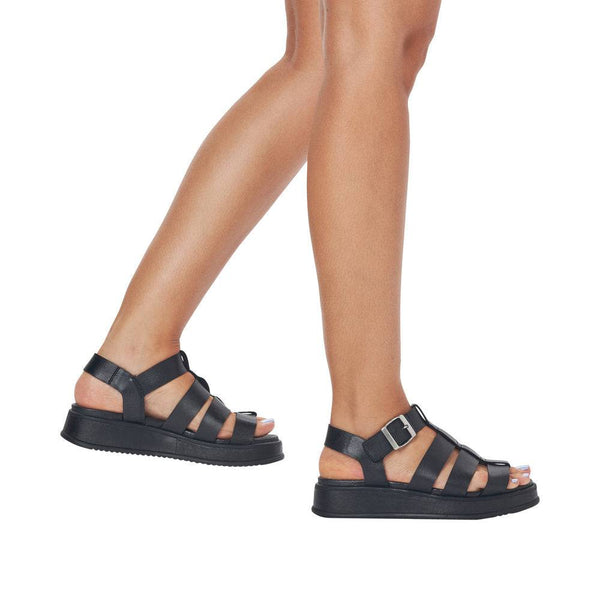 Rieker W0804-00 Ladies Black Leather Buckle Sandals-elevate your sole