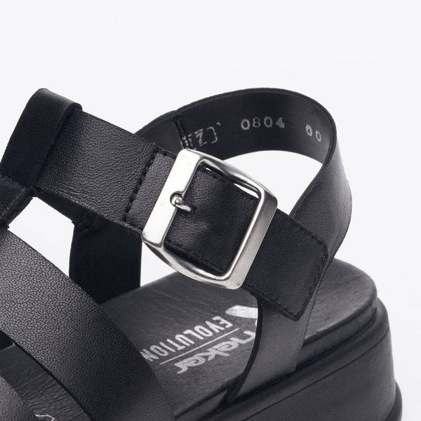 Rieker W0804-00 Ladies Black Leather Buckle Sandals-elevate your sole