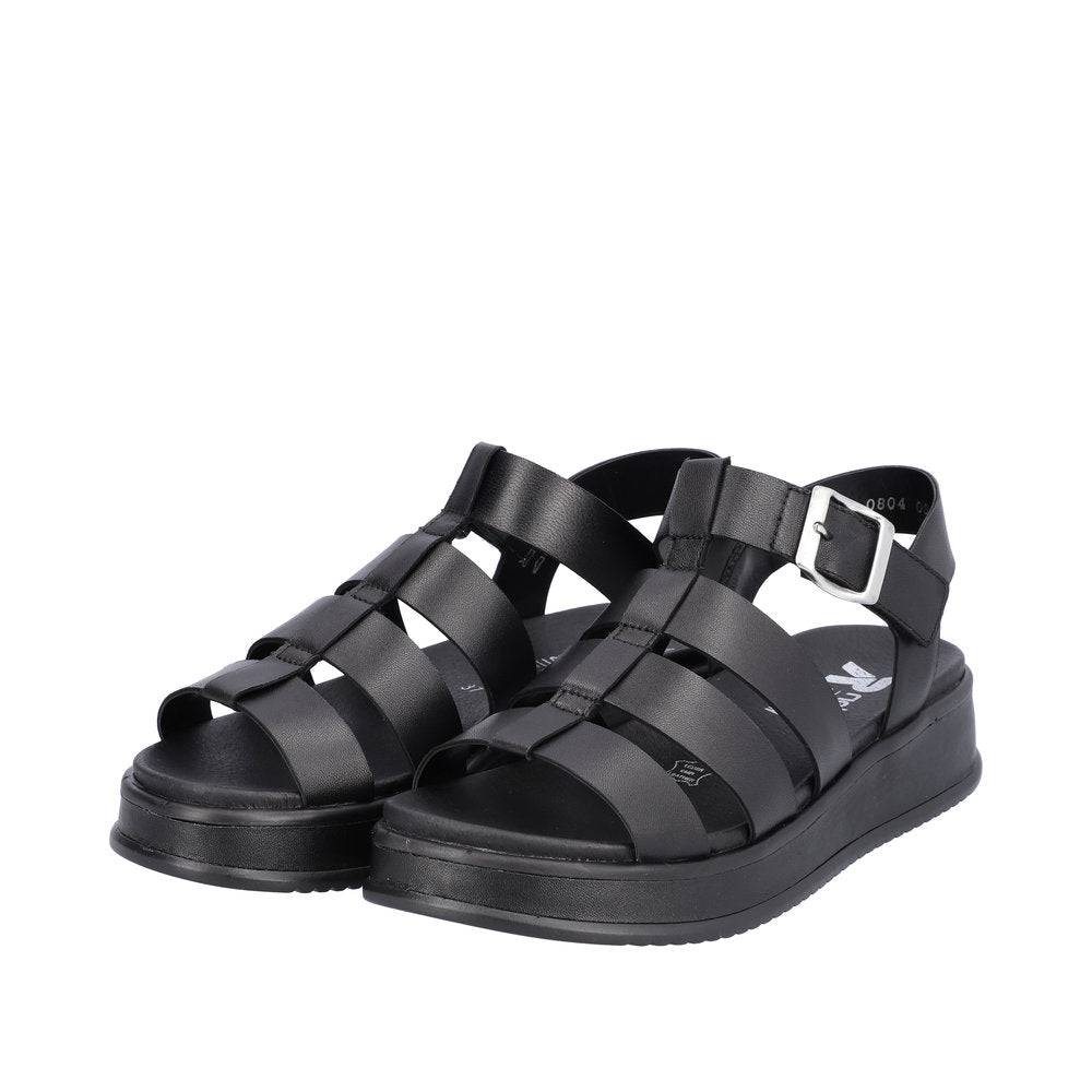 Rieker W0804-00 Ladies Black Leather Buckle Sandals-elevate your sole