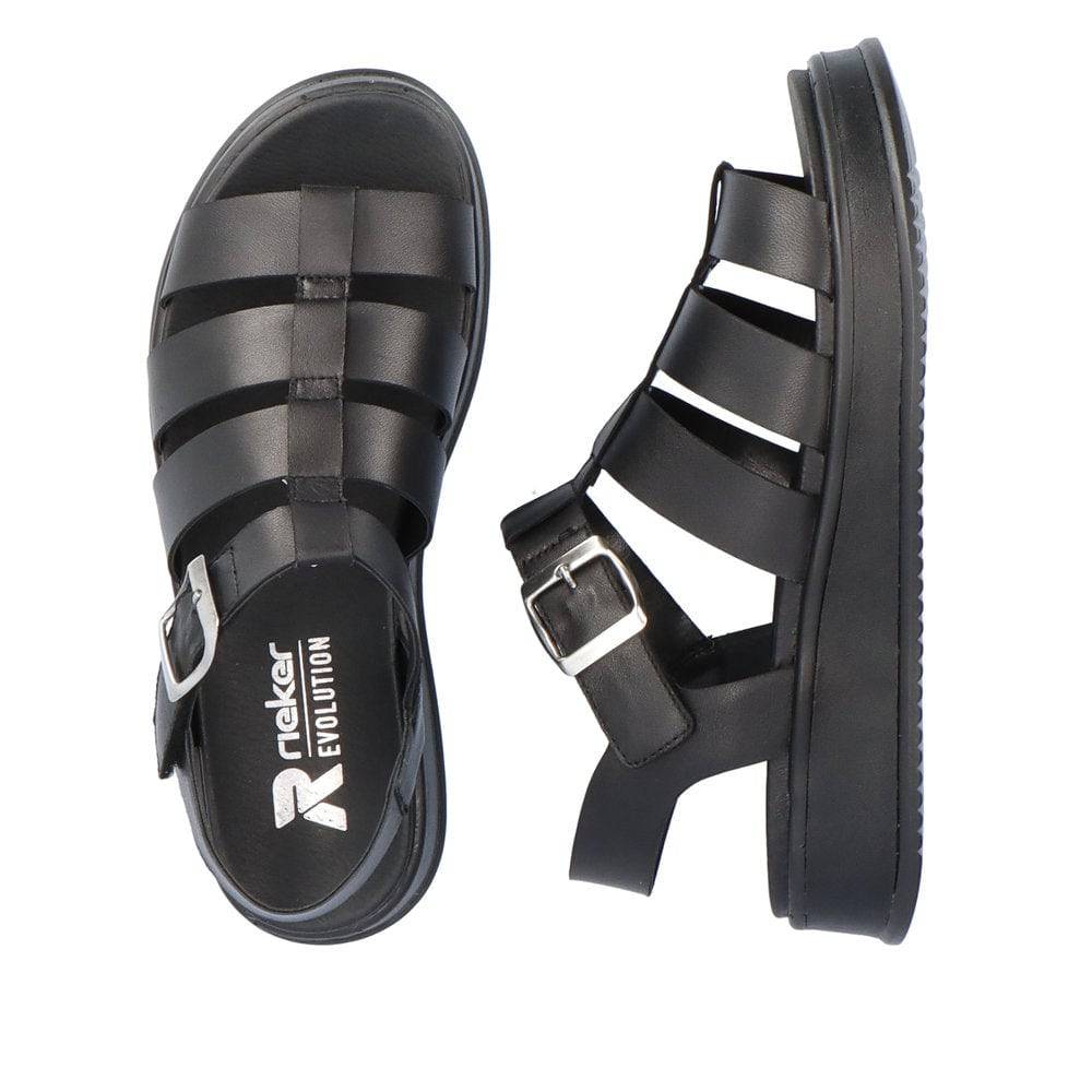 Rieker W0804-00 Ladies Black Leather Buckle Sandals-elevate your sole