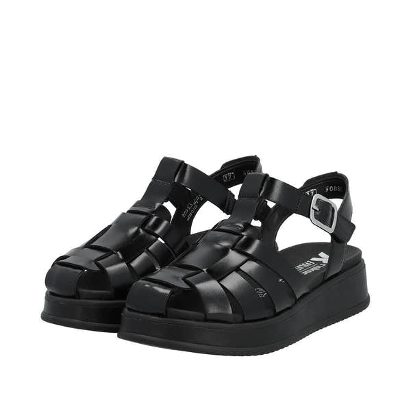 Rieker W0850-00 Ladies Black Leather Touch Fastening Sandals-elevate your sole