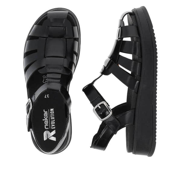 Rieker W0850-00 Ladies Black Leather Touch Fastening Sandals-elevate your sole