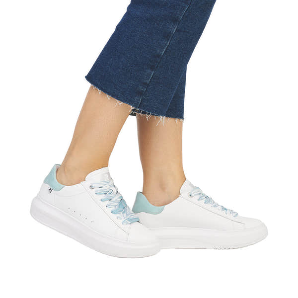 Rieker W1201-81 Adelia Ladies White & Light Blue Leather Lace Up Trainers-elevate your sole
