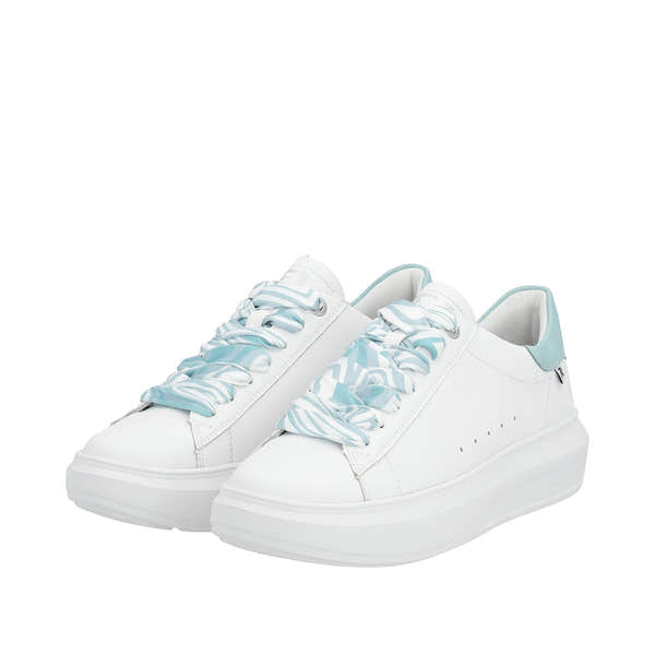 Rieker W1201-81 Adelia Ladies White & Light Blue Leather Lace Up Trainers-elevate your sole