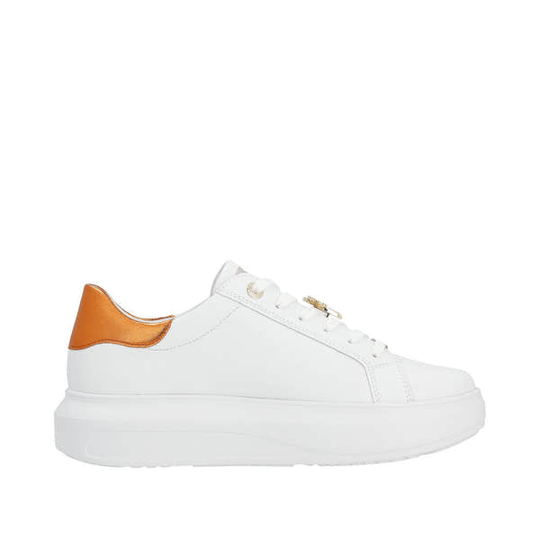 Rieker W1202-80 Adelia Ladies White & Orange Leather Lace Up Trainers-elevate your sole