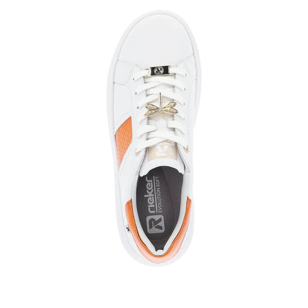 Rieker W1202-80 Adelia Ladies White & Orange Leather Lace Up Trainers-elevate your sole