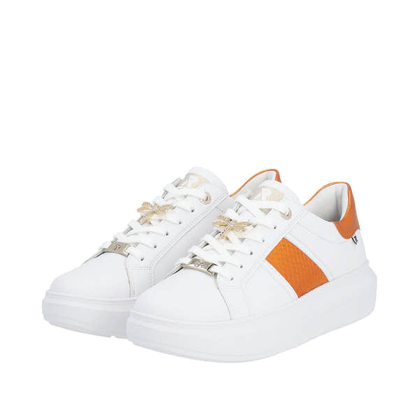 Rieker W1202-80 Adelia Ladies White & Orange Leather Lace Up Trainers-elevate your sole