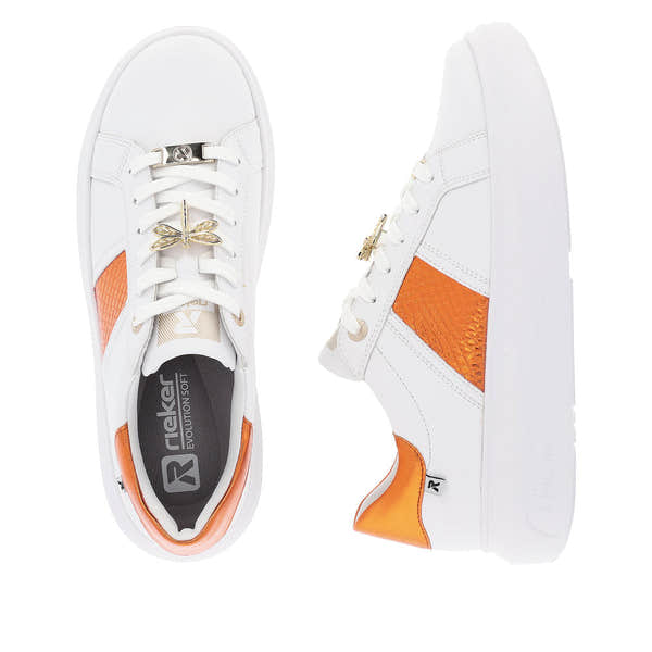 Rieker W1202-80 Adelia Ladies White & Orange Leather Lace Up Trainers-elevate your sole