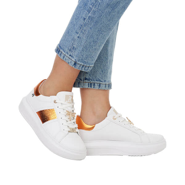 Rieker W1202-80 Adelia Ladies White & Orange Leather Lace Up Trainers-elevate your sole