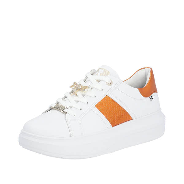 Rieker W1202-80 Adelia Ladies White & Orange Leather Lace Up Trainers-elevate your sole