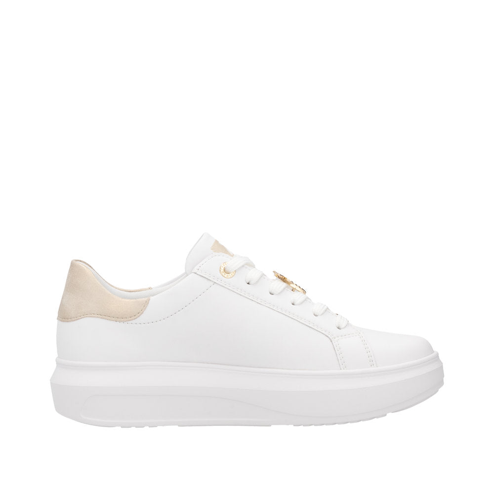Rieker W1202-82 women's white leather lace-up trainers with metallic accents and cushioned sole.