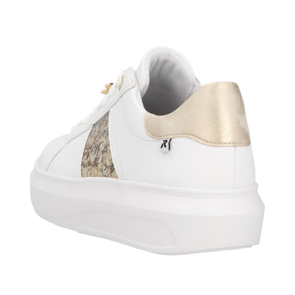 Rieker W1202-82 women's white and metallic leather lace-up trainers with snake print and gold heel accents.
