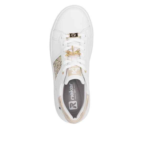 Rieker W1202-82 women's white leather lace-up trainers with metallic accents and decorative gold dragonfly charm.