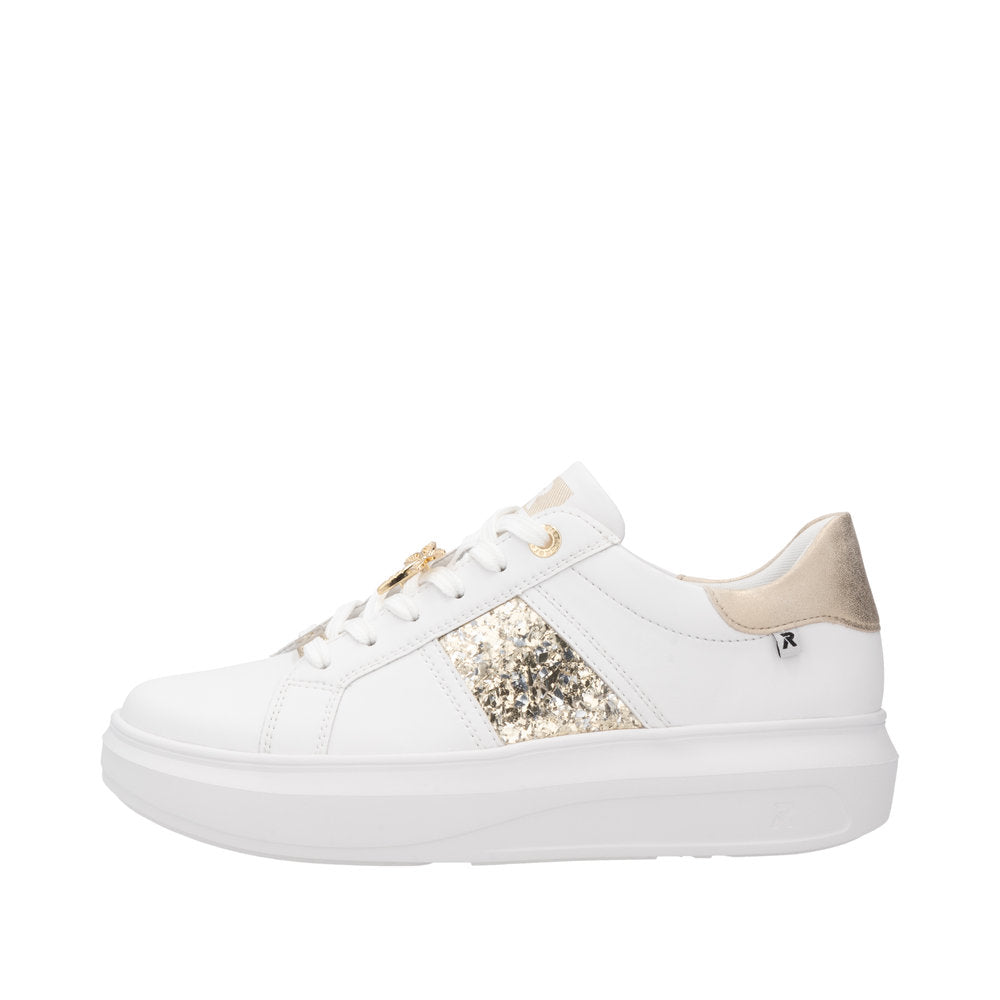 Rieker W1202-82 womens white and metallic leather lace-up trainers with glitter detail and beige heel accent.