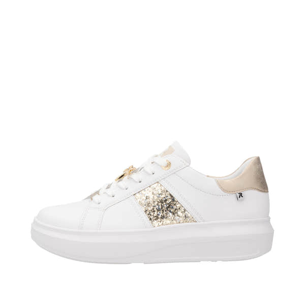 Rieker W1202-82 womens white and metallic leather lace-up trainers with glitter detail and beige heel accent.