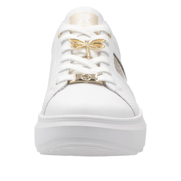 Rieker W1202-82 ladies' white and metallic leather lace-up trainers with gold dragonfly and logo embellishments.