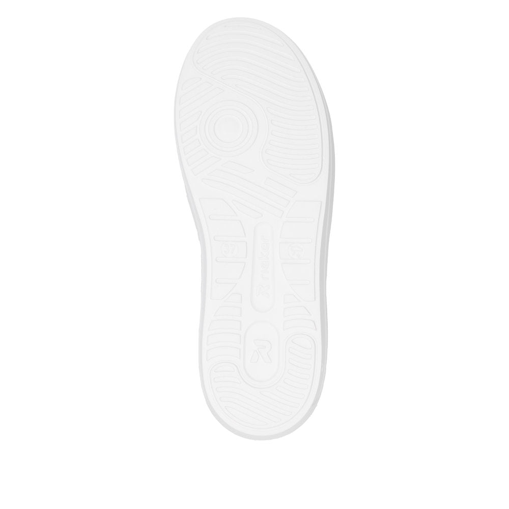 Rieker W1202-82 ladies white metallic leather lace-up trainers with rubber outsole and stylish design.
