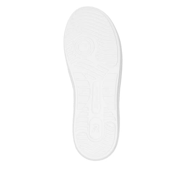 Rieker W1202-82 ladies white metallic leather lace-up trainers with rubber outsole and stylish design.