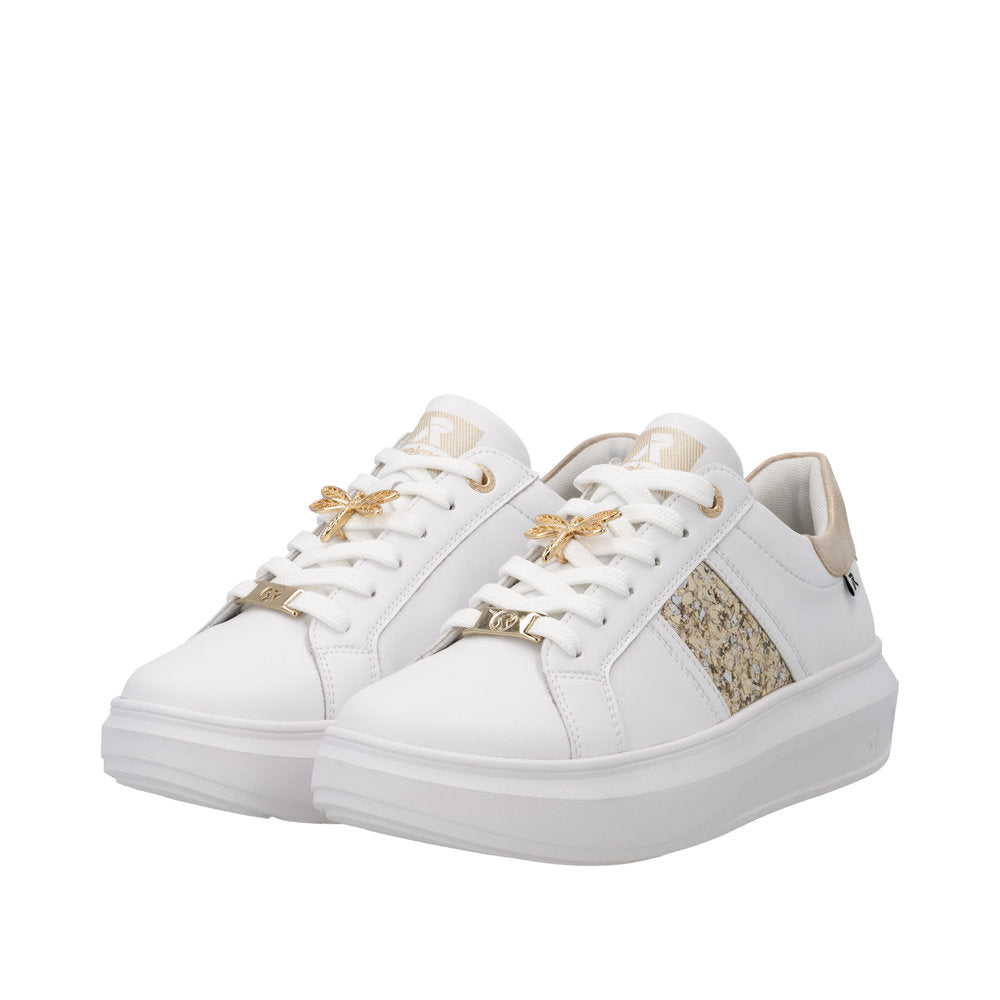 Rieker W1202-82 women's white and metallic leather lace-up trainers with gold dragonfly accents and textured side panel.