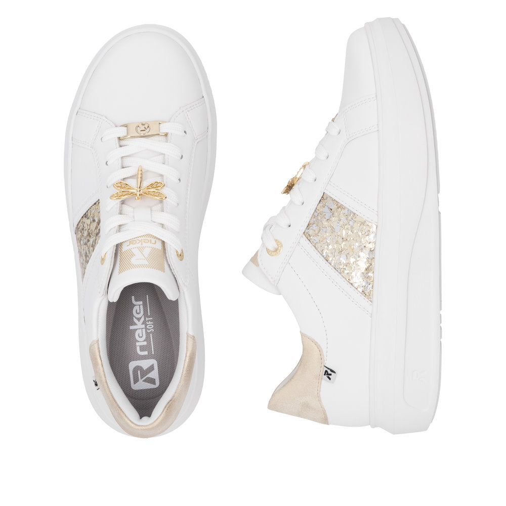 Rieker W1202-82 women's white and gold metallic leather lace-up trainers with glitter panel and cushioned sole.