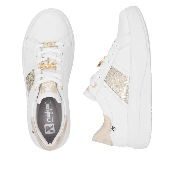 Rieker W1202-82 women's white and gold metallic leather lace-up trainers with glitter panel and cushioned sole.
