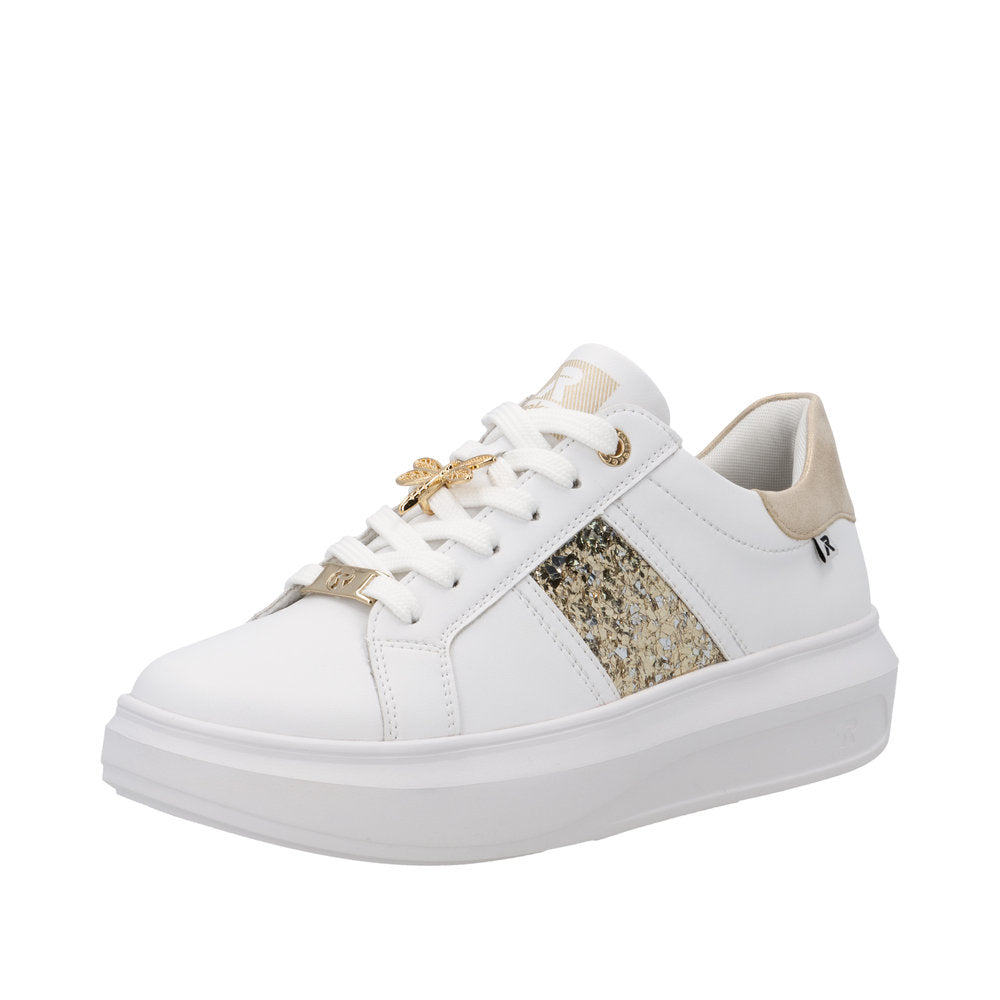 Rieker W1202-82 women's white and beige leather lace-up trainers with metallic accents and chunky sole.