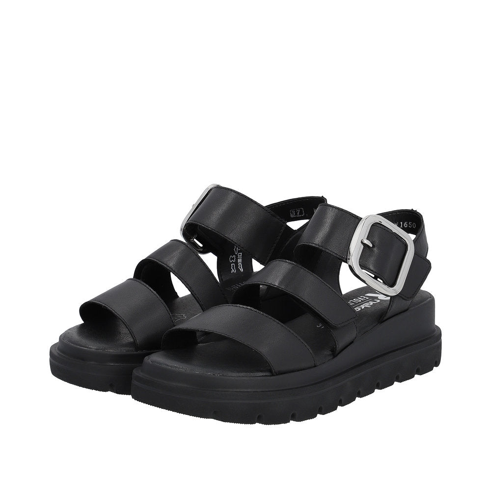 Rieker W1650-00 Ladies Black Leather Touch Fastening Sandals-elevate your sole