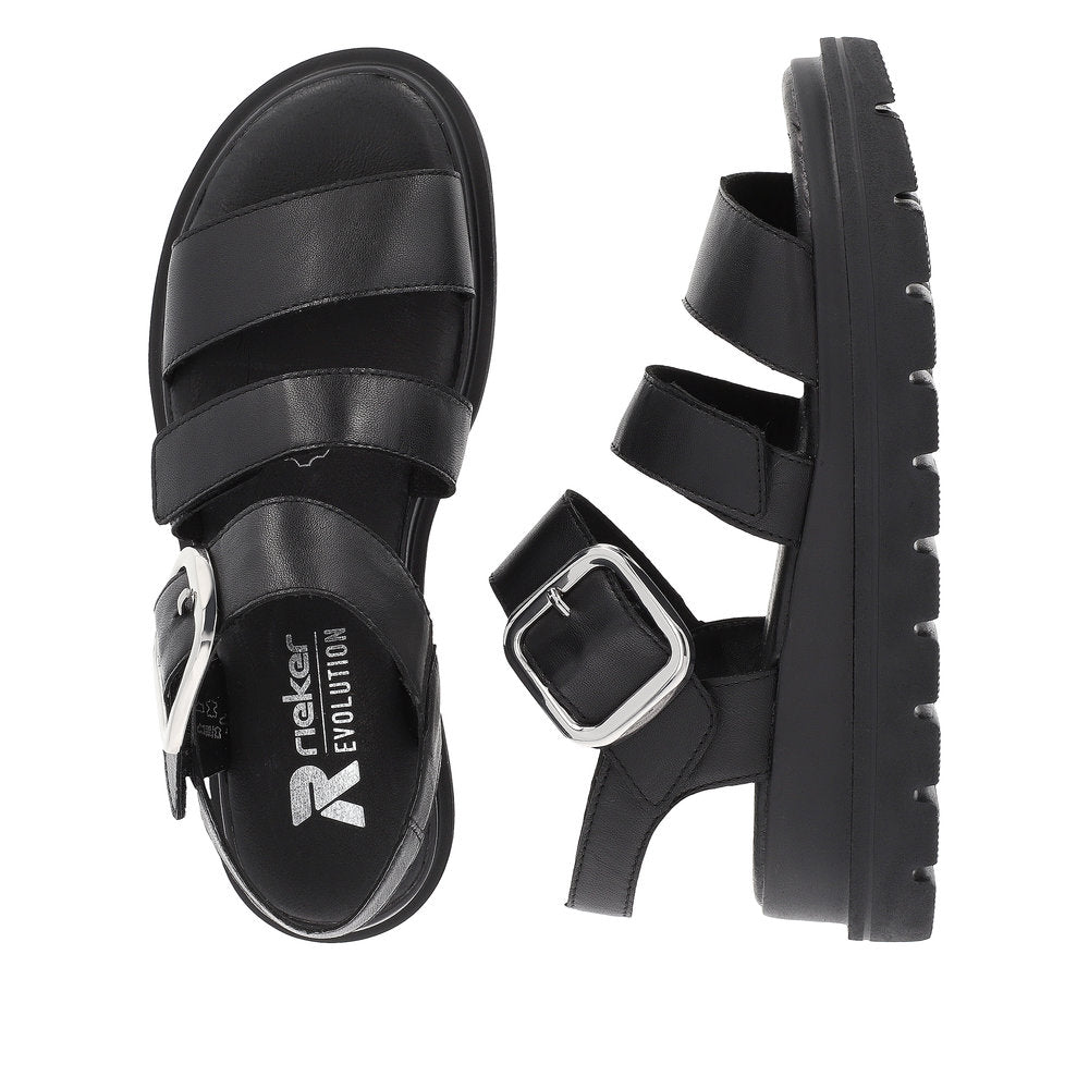 Rieker W1650-00 Ladies Black Leather Touch Fastening Sandals-elevate your sole