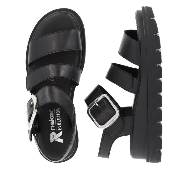 Rieker W1650-00 Ladies Black Leather Touch Fastening Sandals-elevate your sole